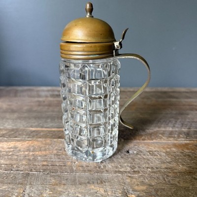 Antique EAPG Block Cube Mustard Pot Jar - Brass Lid & Handle - UV Reactive 365nm