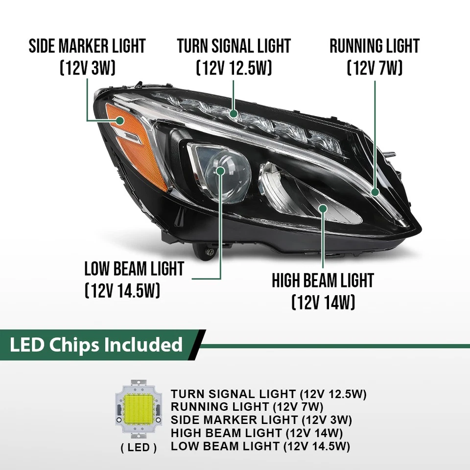 LED Headlight Right Side Fit For 2015-2018 Mercedes Benz C-Class W205 C300 - Image 3 of 4