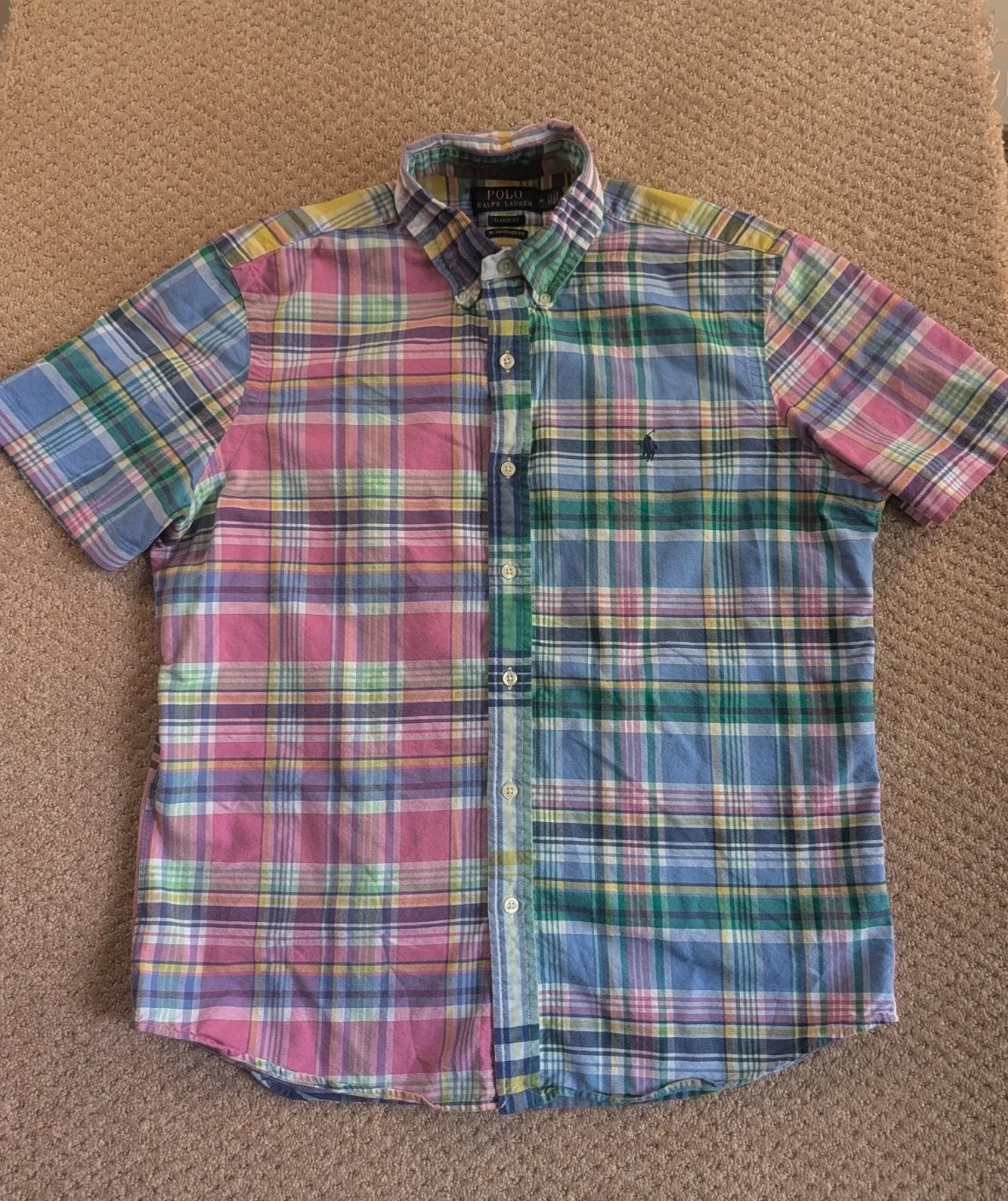 Polo Ralph Lauren Mens Shirt Medium Untucked Fit Classic Fit Plaid Short Sleeve
