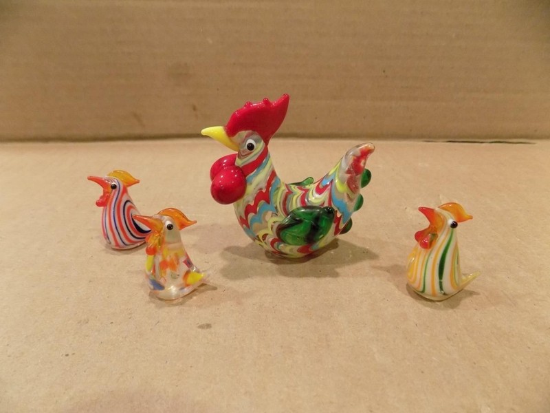 Murano Venetian Art Glass Chicken Family Hen & 3 Chicks Multi Color Swirls