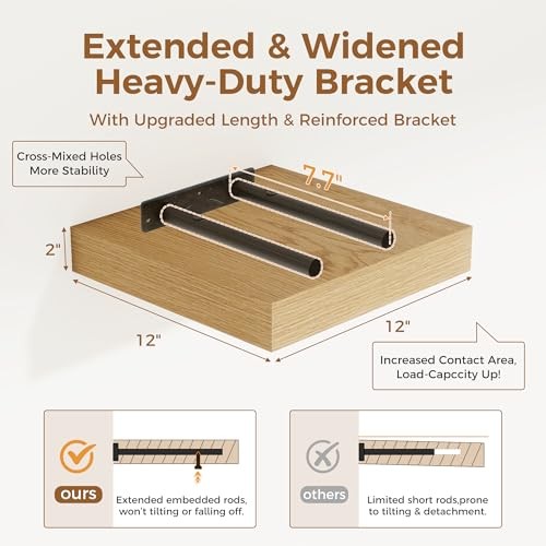  12 Inch Floating Shelf, Rustic Wood Wall Shelves for 12"W x 12"D, 2 Pack Oak