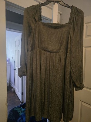 LOFT Green Smocked Square Neck Puff Long Sleeve Knee Length Dress 2XL