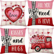 Throw Pillow Covers 18X18 Set of 4, Pink Buffalo Plaid Red Truck Faux Linen Cush