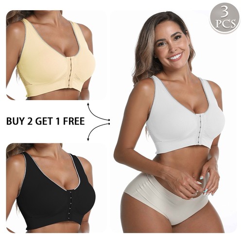 3 Pack Front Hook Mesh Wireless Bra Wide Strap Full Support Bra