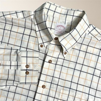 Brooks Brothers 346 Mens L Cream Black Plaid Cotton Button Down Shirt Classic