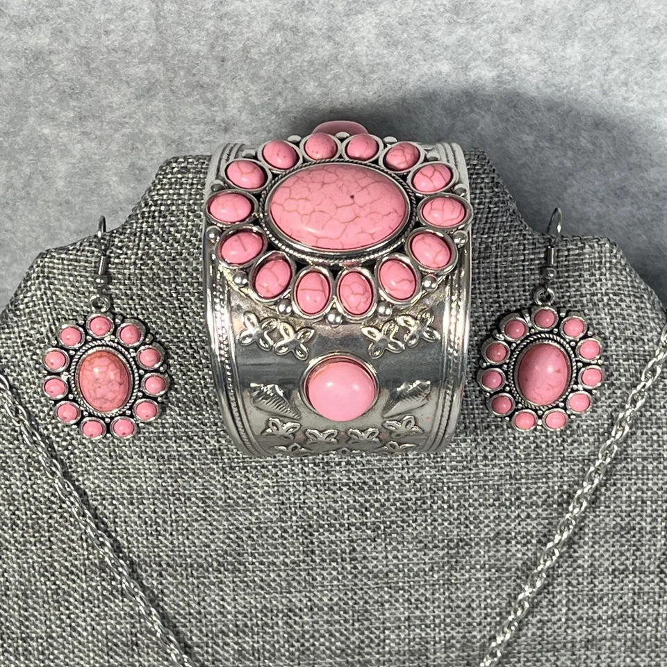 Conjunto de Joyería Howlite Pendientes Flor Brazalete Pulsera Colgante Collar Western Boho Foto 3 de 4