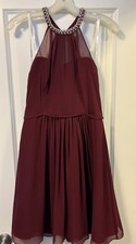 Burgundy David's Bridal chiffon bridesmaid dress
