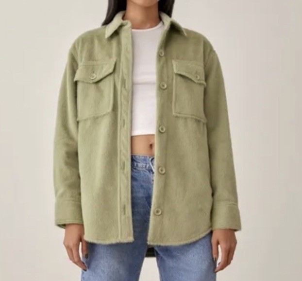 Reformation Deadstock Faux Fur Olive green Shacket Jacket Collared button sz S