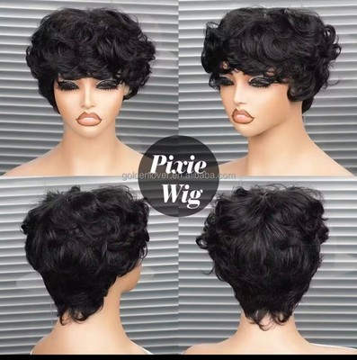 Short Curly Pixie Cut Wig for Women Brown Highlight Natural ,100% Human Hair