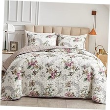3 Pieces Quilt Set King King-102"x90" 1 Quilt  2 Pillow Shams Beige Floral