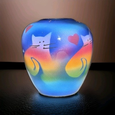 Bright Multicolor Glazed Hearts and Cats Vase Signed by Artist Judith Stiles 6''