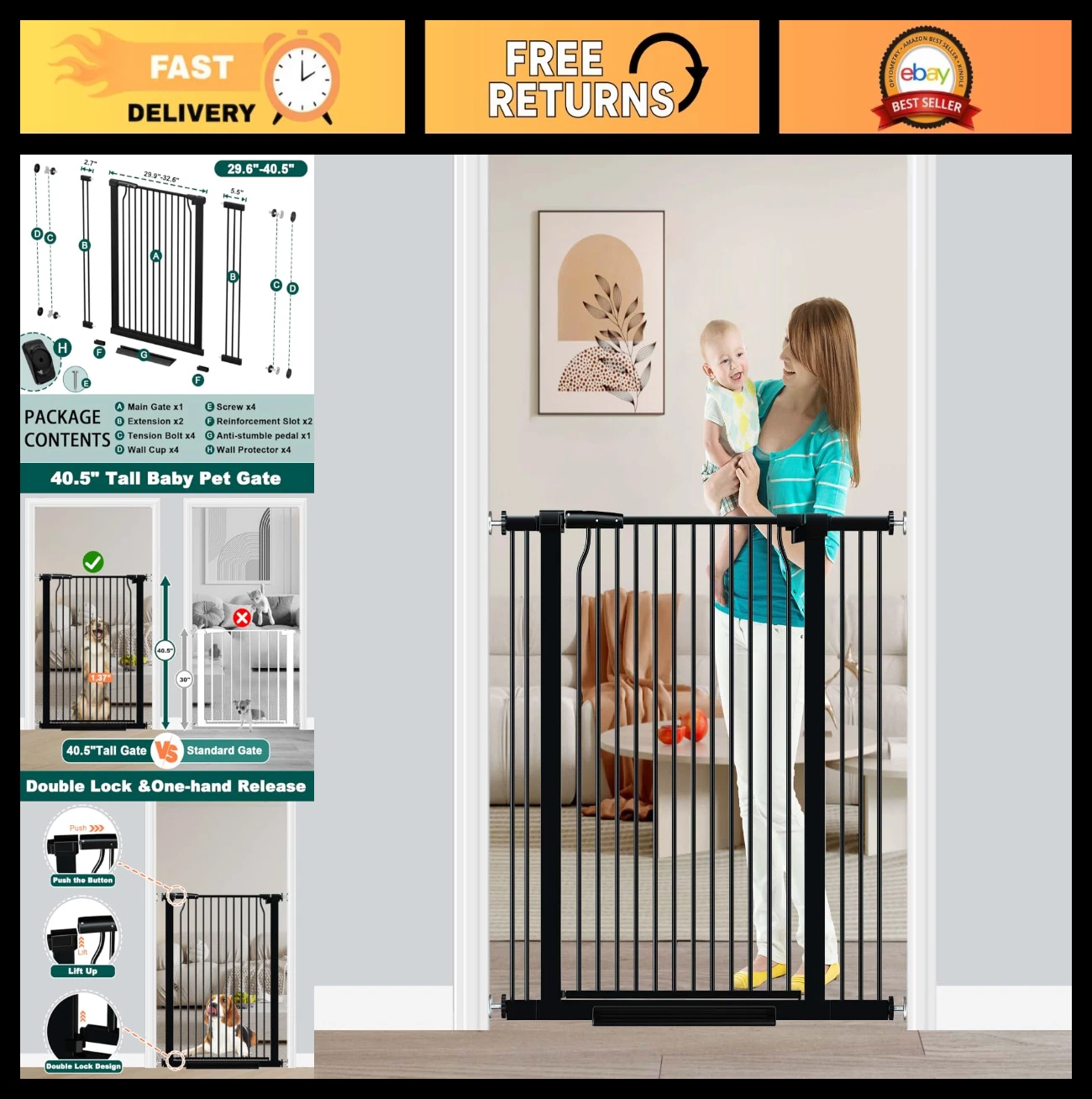 Extra Tall 40.5" Baby Gate - No Drill, Wide 29.6"-40.5" Pet Safety Gate for Stai