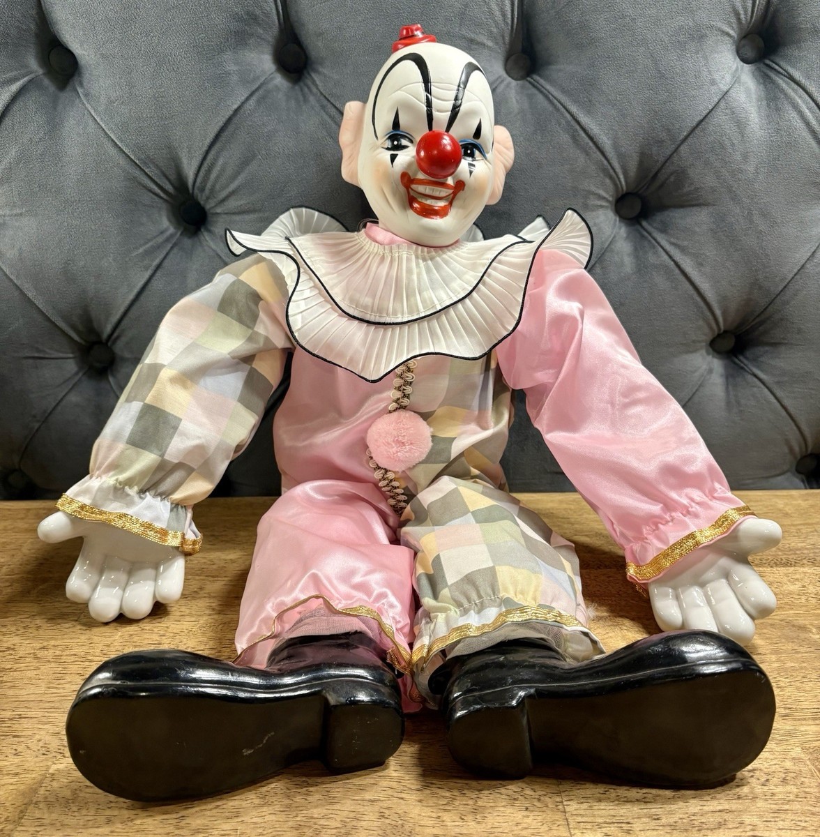 Vintage 80s Dynasty Porcelain Clown Doll Pink with Sage Checkers *RARE* HAUNTED Vintage 80s Dynasty Porcelain Clown Doll Pink with Sage Checkers *RARE* HAUNTED