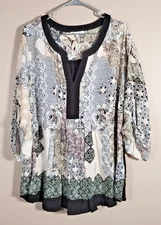 DR2 Womens Geometric Floral Popover Top Sx 3X Roll Tab Sleeve Artsy Work Modest