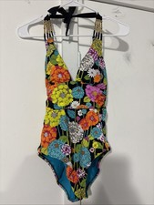 Trina Turk Santiago Floral Print Strappy Beaded Halter One Piece Swimsuit Sz 8