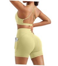 2 Piece Workout Sets for Women Open Medium 422-baby Yellow 4.5Inch Short Set