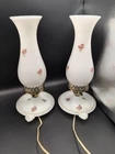 Pair Vtg. hand-painted rose milk glass table Parlour lamps with trinket trays.