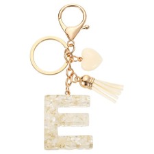Initial Letter Keychains, Resin Cute Pendant with Heart Tassel, White-E