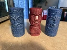 Vintage Lot Of 3 Tiki Mug Set Hawaiian Ceramic Blue Burgundy
