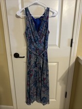 Chaps Blue Floral Size 8 Sleeveless High/Low Belted Dress