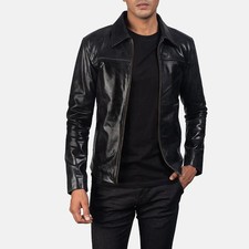 Men  s Genuine Leather Jacket Black Biker Moto Zip-Up Shirt Collar