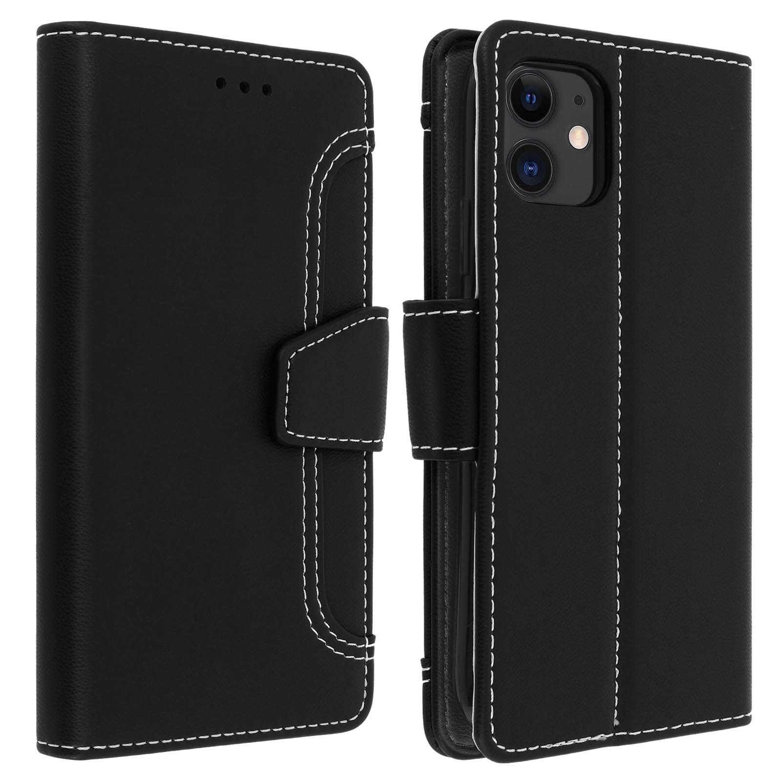 Étui portefeuille iPhone 11 noir en cuir polyuréthane avec clapet folio