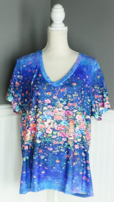 NWT C.O.Z.Y Floral Watercolor Printed Short Sleeve V-Neck T-Shirt Size 3XL