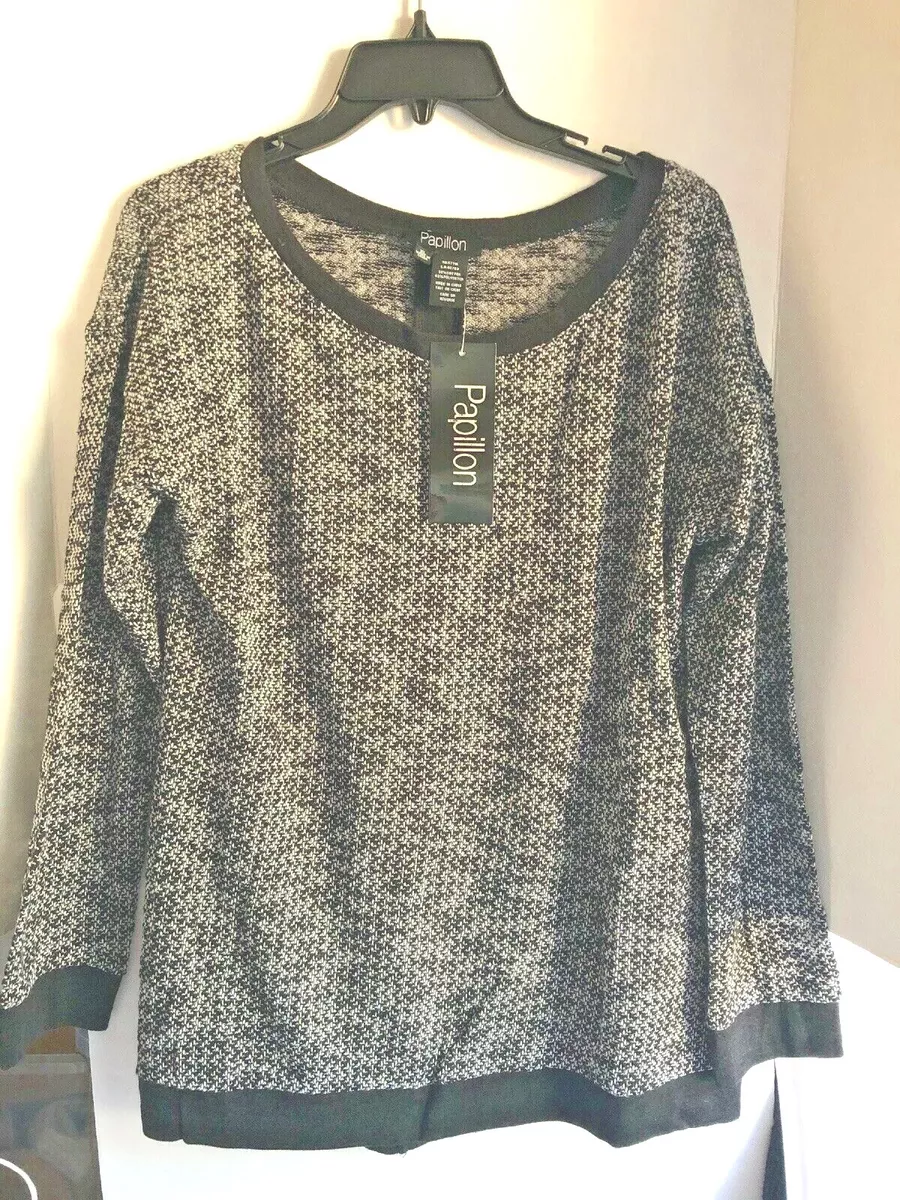 Papillon Women Sweater Blk Wht Knitted Cotton Blend Boat Neck L S