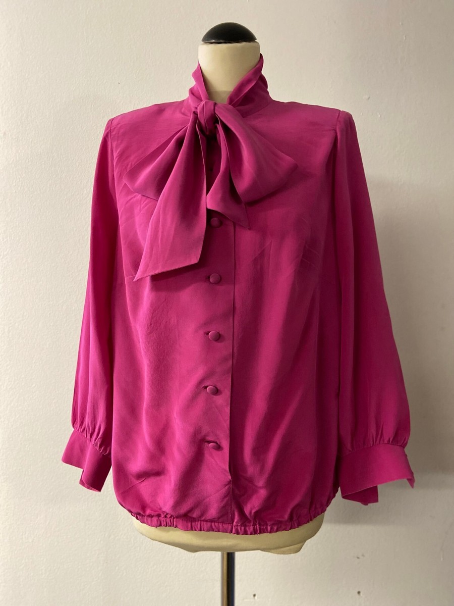 Vintage 80's Pussy Bow Silk Blouse in Fuchsia | Women's Long Vintage 80's Pussy Bow Silk Blouse in Fuchsia | Women's Long