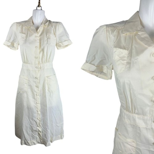 Vtg 40s Linda Lane White Nurse Maid Diner Smock Dress Nylon Collared w Pockets