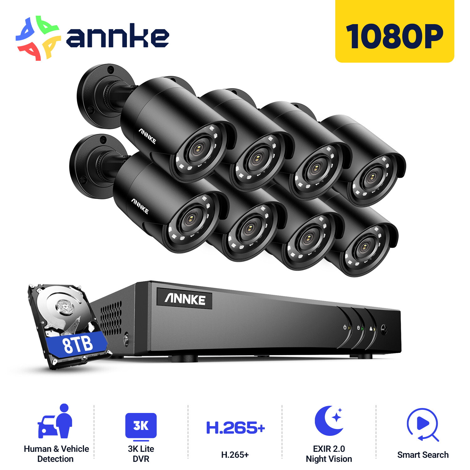 ANNKE 5in1 8CH 3K Lite DVR 1080P TVI CCTV Security Camera System Outdoor H.265+