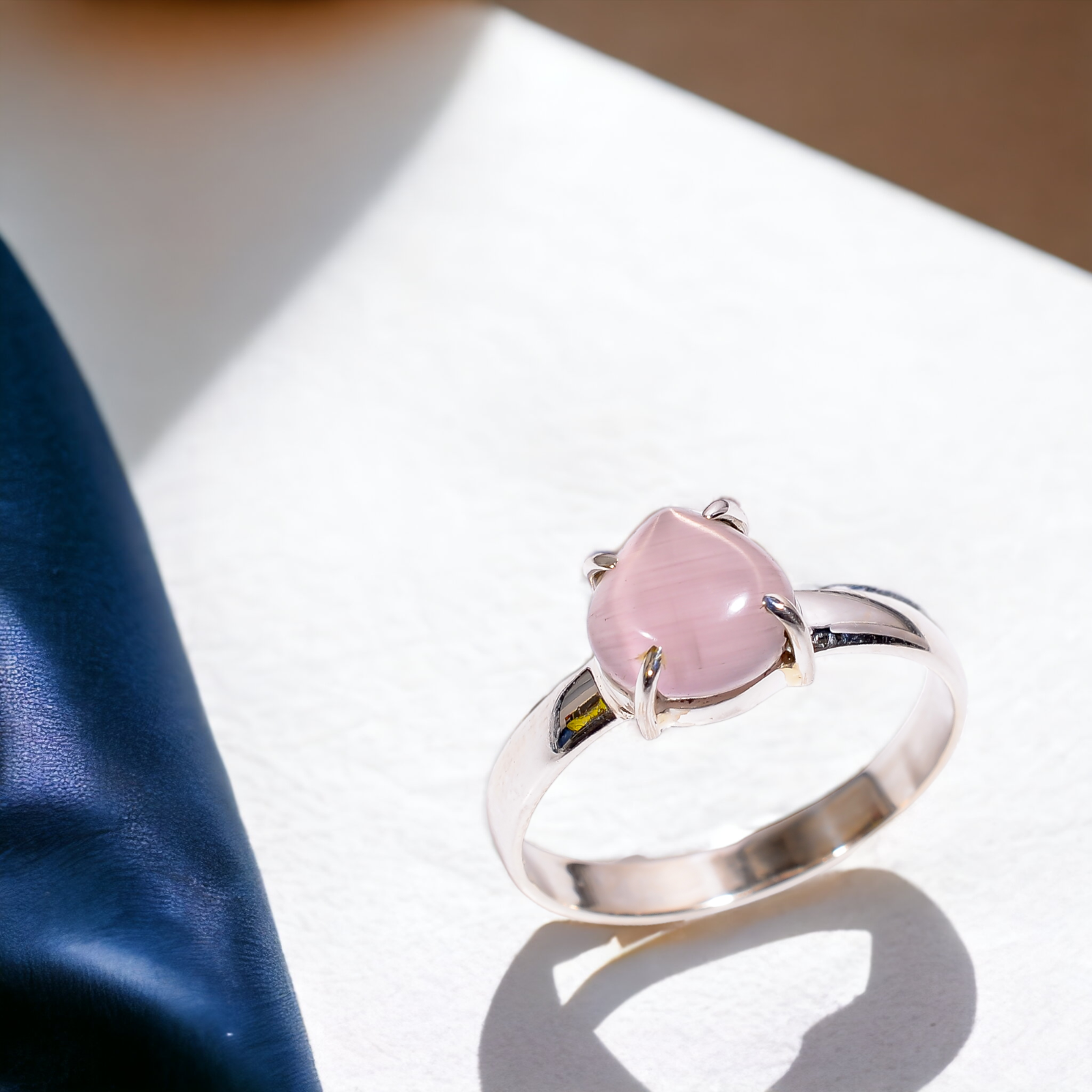 Gift For Women Statement Ring Size  925 Silver Natural Pink Cats Eye