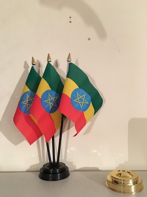 ÄTHIOPIEN TISCHFLAGGE SET 3 Flaggen und Sockel