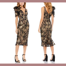 NWT $538 Mac Duggal [ 16 ] Bow Floral Embellished V Neck Midi Dress Black G1354