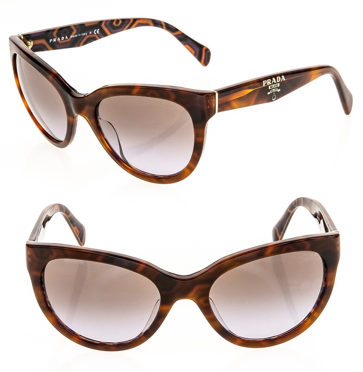 PRADA Hexagonal Violet Print Blonde Havana Cat Eye Logo Sunglasses