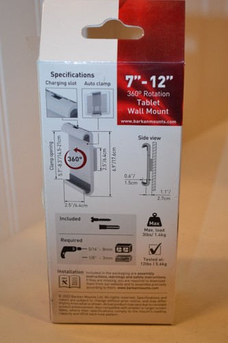 Barkan 7-12 inch Premium Fixed Tablet Wall Mount 3lbs White/Clamp Opening 360 Ro - Picture 3 of 4