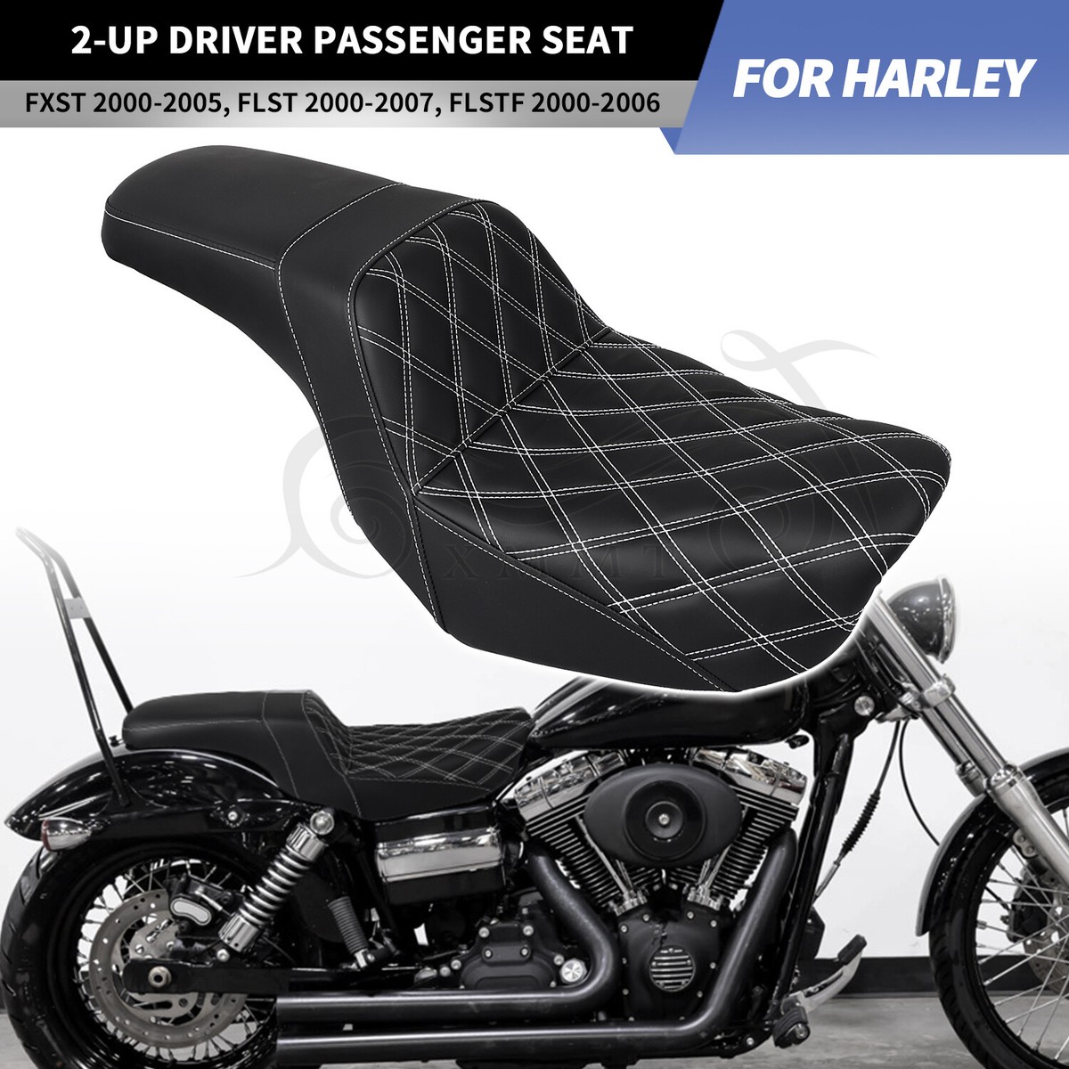Black + White Stitching Driver Passenger Seat For Harley Dyna Wide