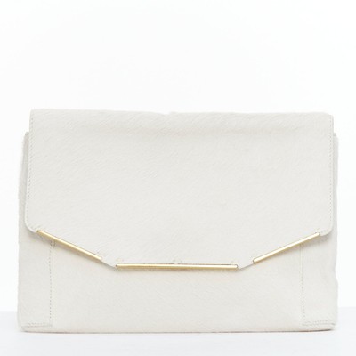 LANVIN Miss Sartorial off white calf hair gold bar flap envelope clutch bag