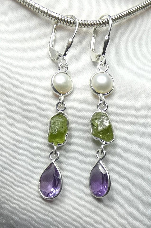 💫Ohrhänger 925 Silber Klappbrisur fac. Amethyst, Perle, Roh-Peridot UNIKAT💫 - Bild 4 von 4