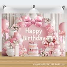 Pink Bow Flower Birthday Backdrop Photo Background Party Banner Studio Decor