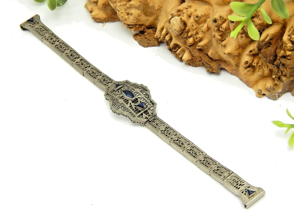Antique Ladies filigree watch band 14K gold filled w/ Blue Sapphires Handi-Fold - Image 3 of 4