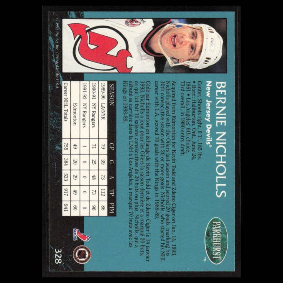 Bernie Nicholls #328 1992 Parkhurst New Jersey Devils Hockey Card NHL NM - Image 2 of 3