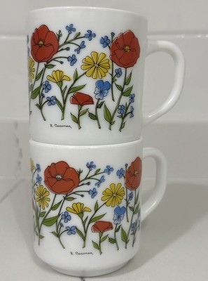 2 ARCOPAL French Milk Glass Floral POPPIES MUGS Pansy 8oz 1970 s Signed R Carman