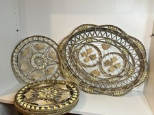 Vintage 70s Boho Rattan Cowrie Shell 7pc Tray & Placemat Set Home Decor Rustic