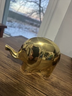 Vintage Brass Small Elephant Piggy Bank Trunk Up Tarnish 6''