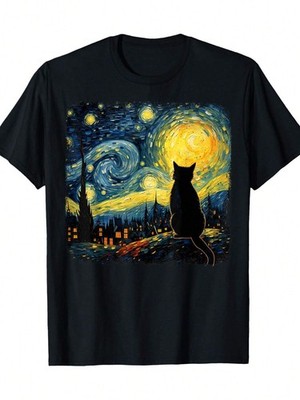 Men's Cat Starry Night Inspired Graphic T-Shirt Artistic Casual Tee