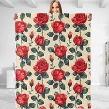 Rose Theme Throw Blanket Plush Soft Flannel 50x60 Inch Warm Couch Travel