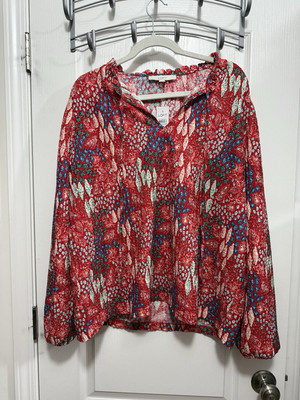 Loft Women's XL Garden Ruffle Tie Neck Blouse Textured Multicolor Red NWT Boho