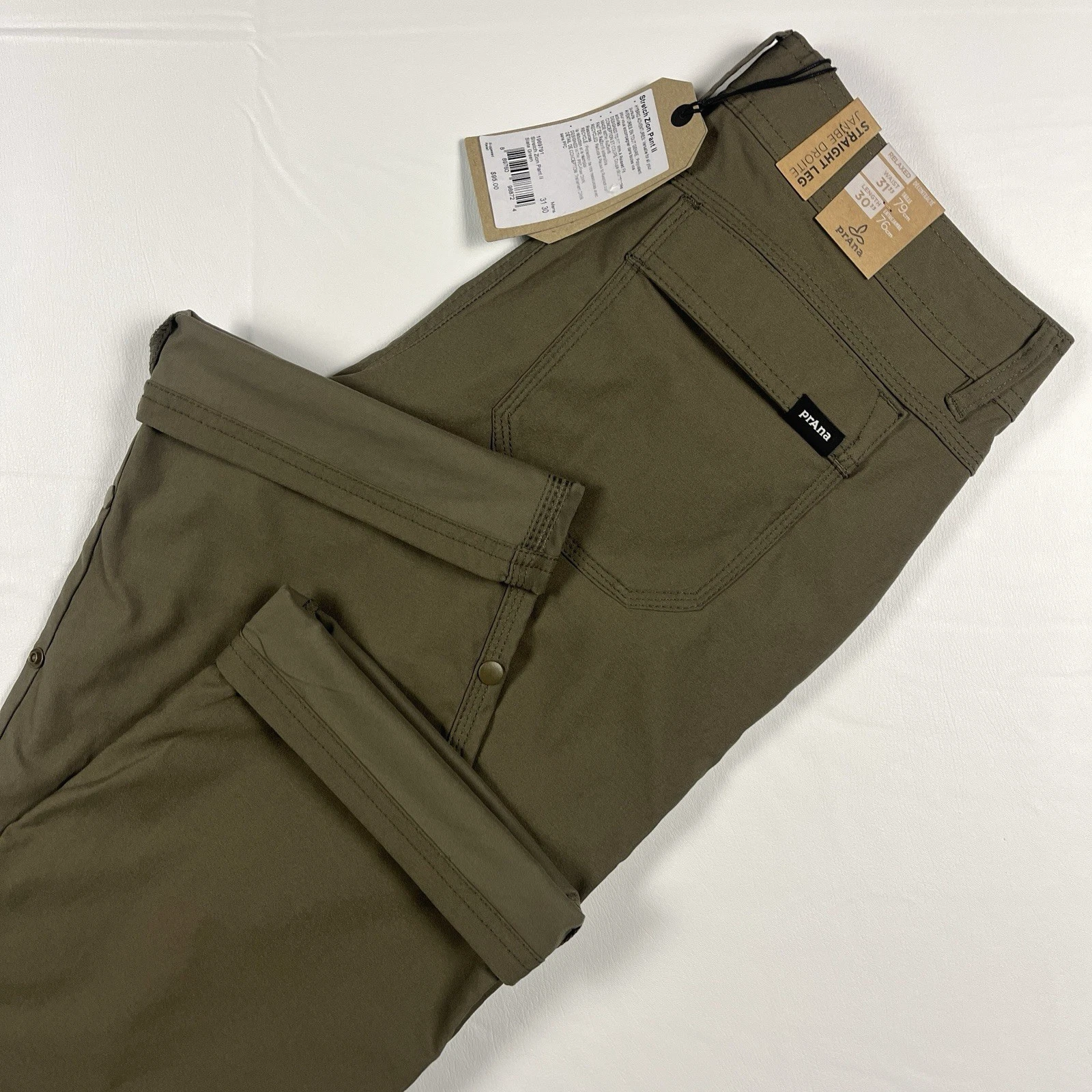PrAna Stretch Zion Pant Green Men's 31x30 Straight Fit Cargo Roll UP Olive NWT