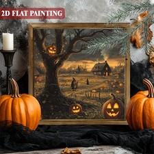 Primitive Pumpkin Field Witch Scene Wooden Plaque Halloween Wall Decor